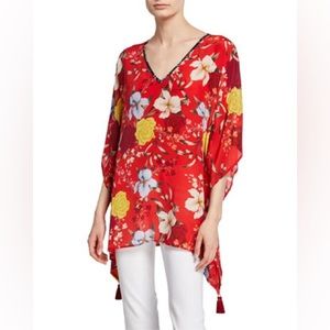 JOHNNY WAS JADE 100% Silk Vega Floral-Print V-Neck Silk Tunic w/ Tassels Artsy